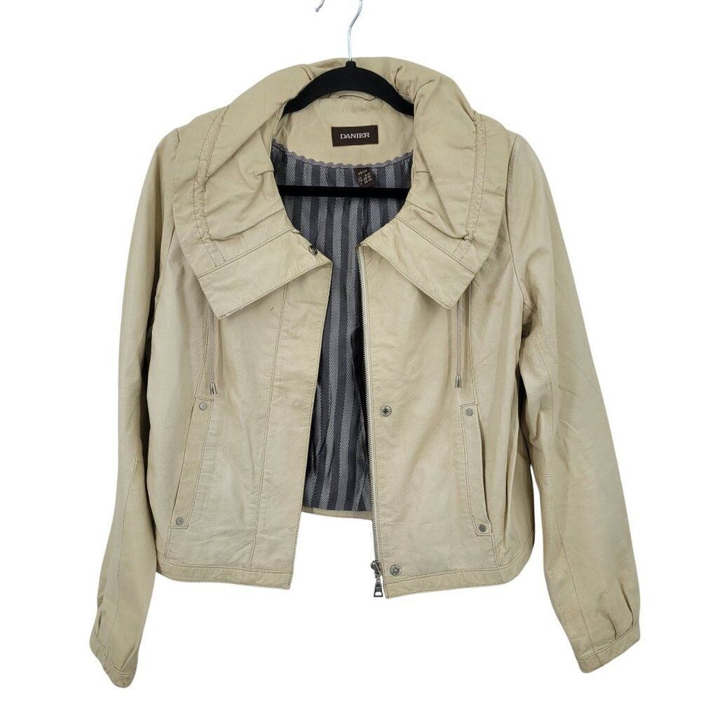 90s Vintage Ruffle Collar Buttery Leather Jacket Coat‎ XS Cream Boho Feminine